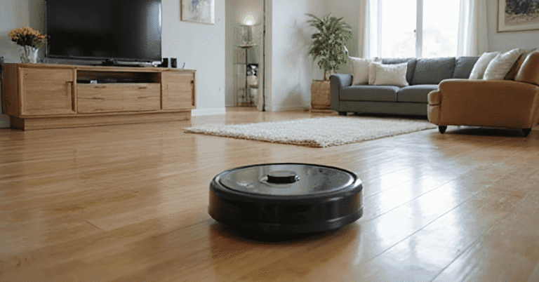 a robot vacuum cleaner on a wood floor in a living room