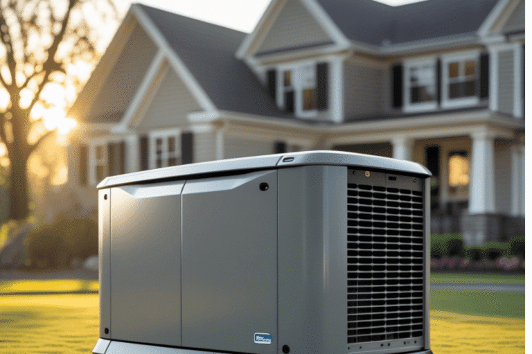 a quiet whole house generator in front of a house