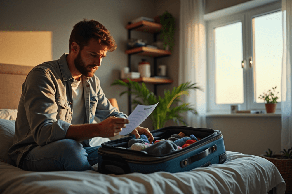 What to Pack for a Week Long Trip + Checklist 4 MAN PACKING A BAG FOR A WEEK LONG TRIP LOOKING AT A CHECKLIST
