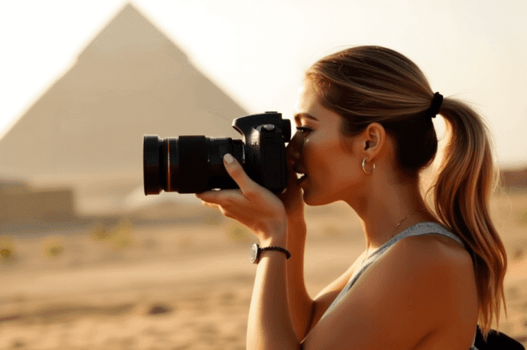 Best Zoom Lenses for Travel Photography 2025 17 Girl using a zoom lens for travel at the pyramids