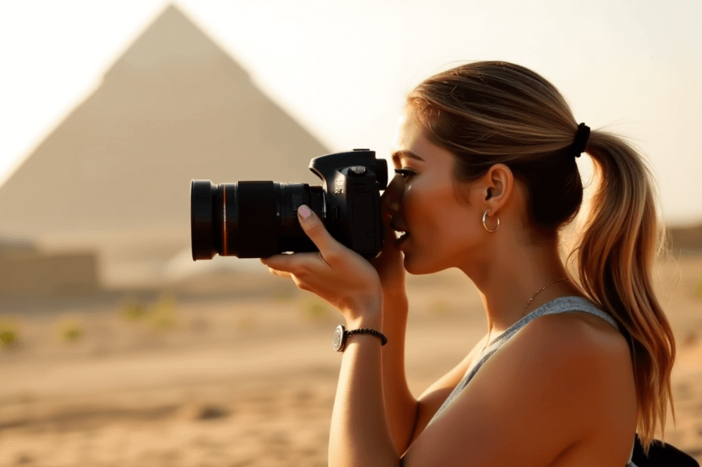 Girl using a zoom lens for travel at the pyramids
