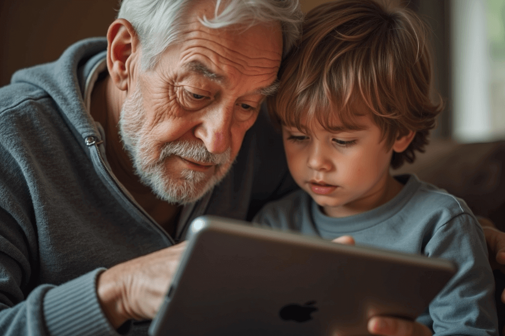 Senior man with child looking at a simple computer ipad