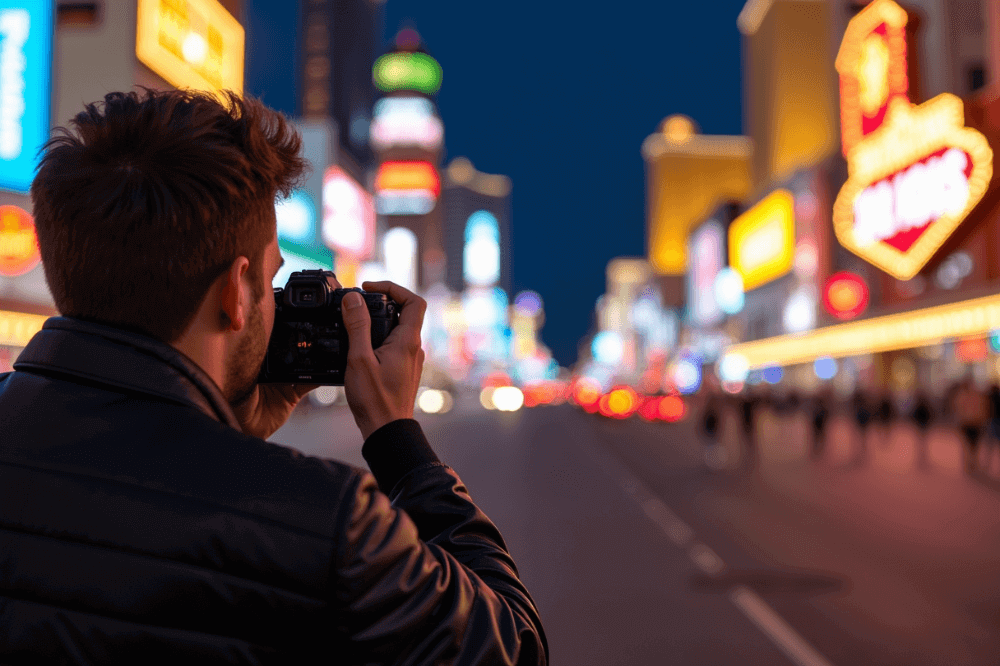 Man taking a photo with a zoom lens while traveling in las vegas
